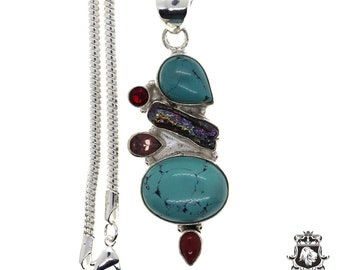 Turquoise Pearl Amethyst Garnet and Coral 925 Sterling Silver Pendant & 3MM Italian 925 Sterling Silver Chain P4466