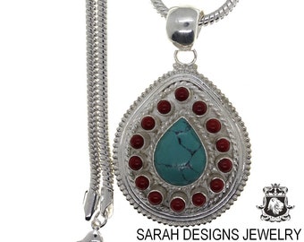 Tibetan Turquoise Coral Crafted Sterling Silver Pendant & FREE 3MM Italian 925 Sterling Silver Chain p4479