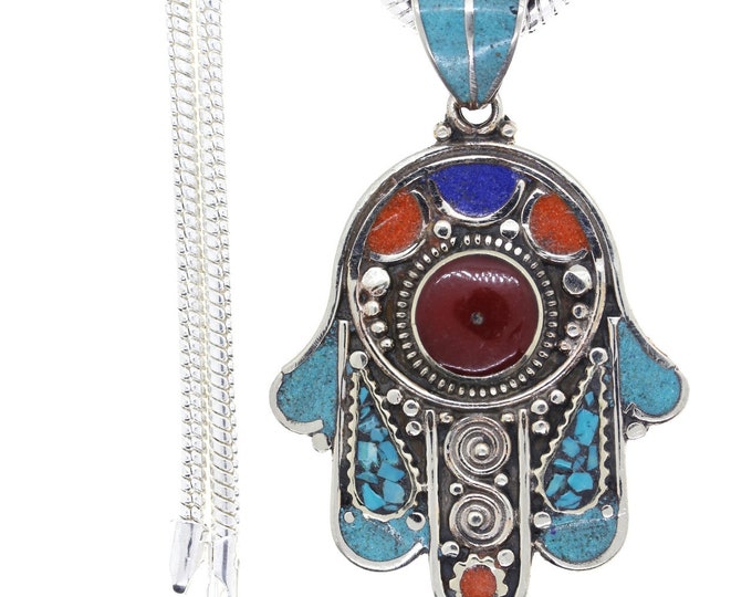 Hamsa Turquoise Coral Tibetan Silver Pendant & FREE 3MM Italian 925 Sterling Silver Chain N40