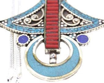 4 Inch Lapis Coral Turquoise Tibetan Silver Nepal Pendant & FREE 2MM Italian 925 Sterling Silver Chain N8