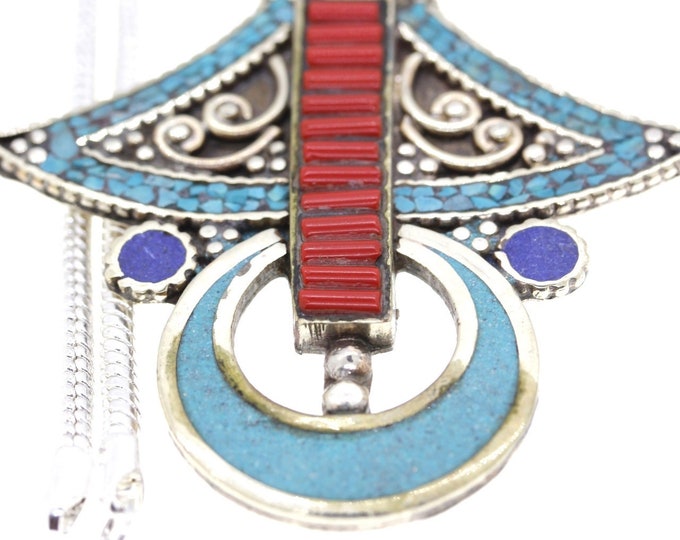 4 Inch Lapis Coral Turquoise Tibetan Silver Nepal Pendant & FREE 3MM Italian 925 Sterling Silver Chain N8