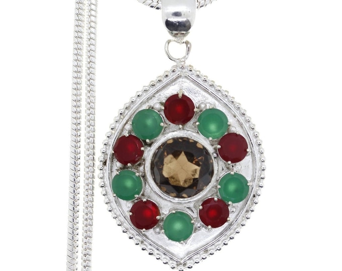 Smoky Topaz Ruby Emerald 925 Sterling Silver Pendant & 3MM Italian 925 Sterling Silver Chain P4645