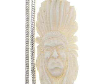 Native Chief Pontiac Carving Pendant & FREE 3MM Italian 925 Sterling Silver Chain C248