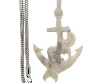 Mermaid on an Anchor Carving Pendant & FREE 3MM Italian 925 Sterling Silver Chain C233