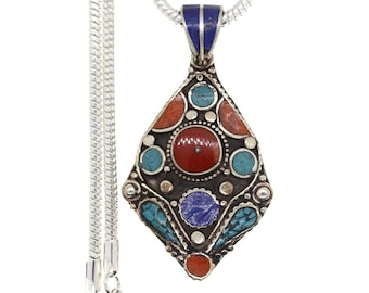 Turquoise Coral Tibetan Silver Pendant & FREE 3MM Italian 925 Sterling Silver Chain N34