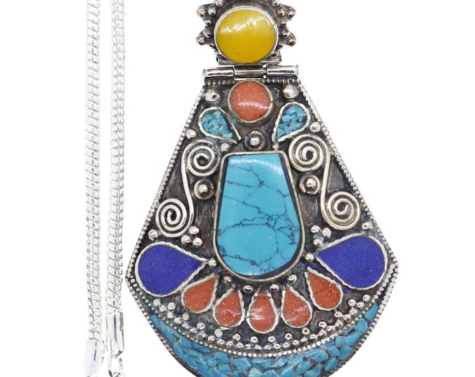 3 Inch Coral Turquoise Tibetan Silver Pendant & FREE 3MM Italian 925 Sterling Silver Chain N38