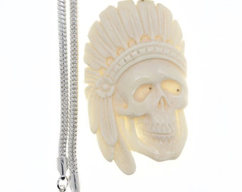 War bonnets Skull Carving Pendant & FREE 3MM Italian 925 Sterling Silver Chain C290