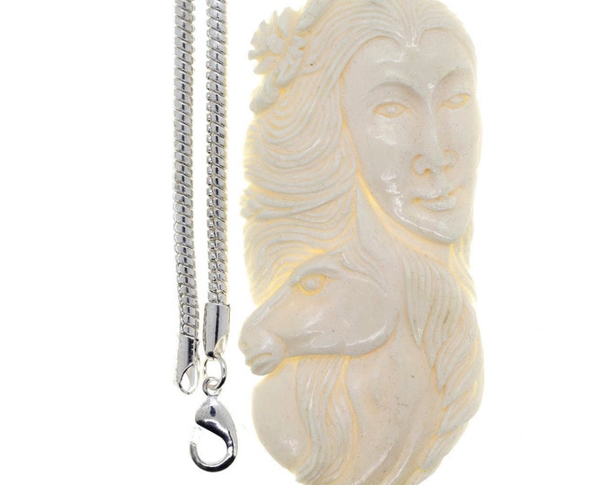 Girl with Horse Carving Pendant & FREE 3MM Italian 925 Sterling Silver Chain C150