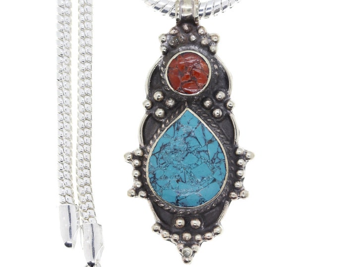 Turquoise Coral Tibetan Silver Pendant & FREE 3MM Italian 925 Sterling Silver Chain N4
