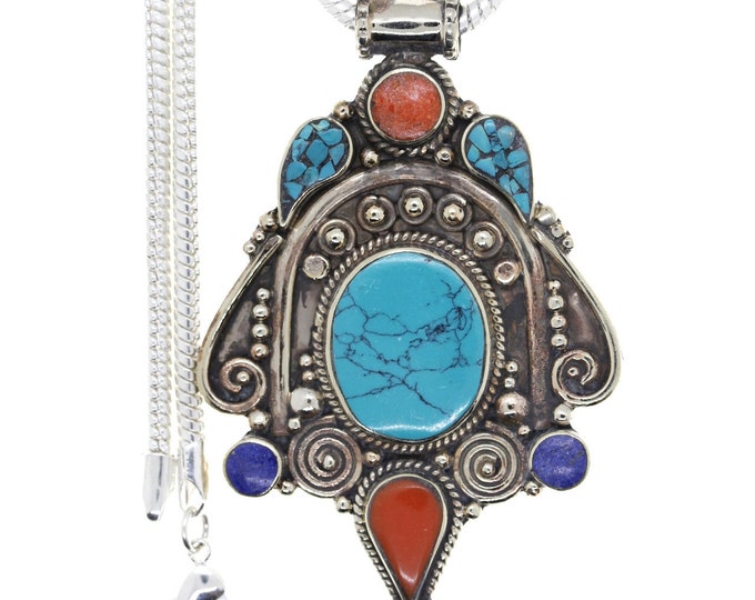 Turquoise Coral Tibetan Silver Pendant & FREE 3MM Italian 925 Sterling Silver Chain N36