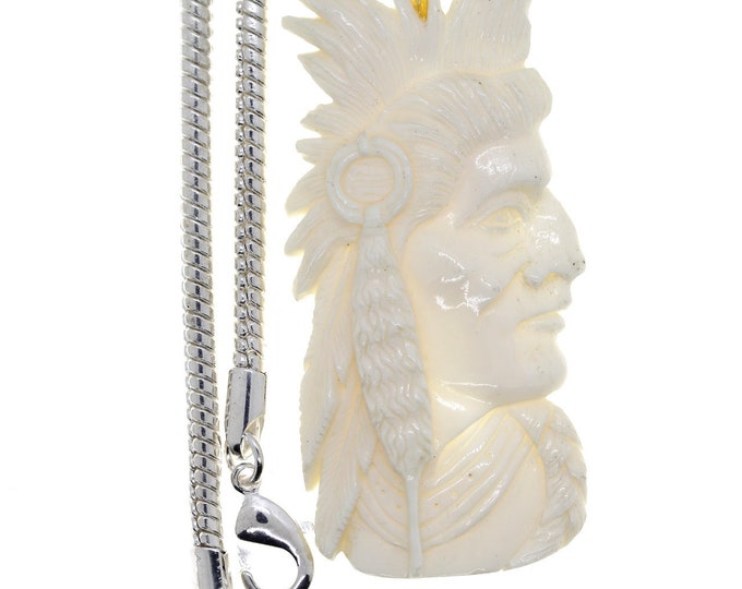 Chief Hiawatha Carving Pendant & FREE 3MM Italian 925 Sterling Silver Chain C191