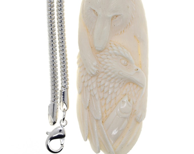 Salmon Eagle Bear Carving Pendant & FREE 3MM Italian 925 Sterling Silver Chain C154