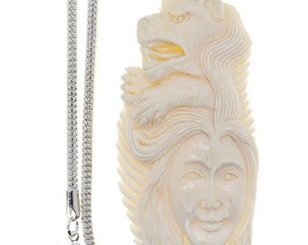 Lady Tiger Carving Pendant & FREE 3MM Italian 925 Sterling Silver Chain C285