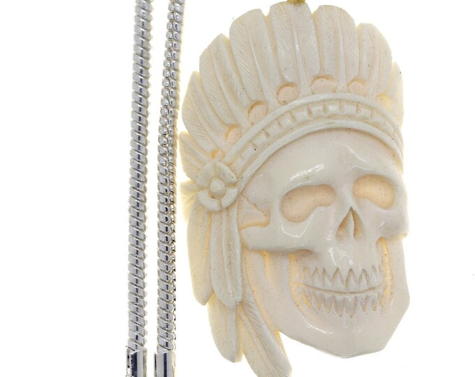 War bonnet wearing Skull Carving Pendant & FREE 3MM Italian 925 Sterling Silver Chain C203