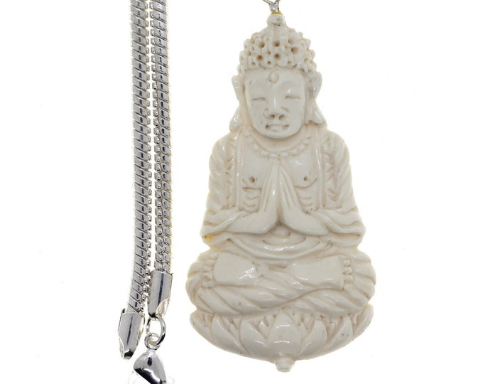 Folded Hands Meditating Buddha Carving Pendant & FREE 3MM Italian 925 Sterling Silver Chain C174
