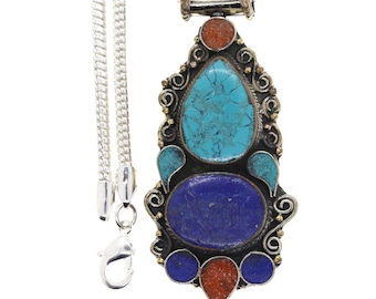 Lapis Turquoise Coral Tibetan Silver Pendant & FREE 3MM Italian 925 Sterling Silver Chain N19