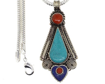 Turquoise Coral Tibetan Silver Pendant & FREE 3MM Italian 925 Sterling Silver Chain N20