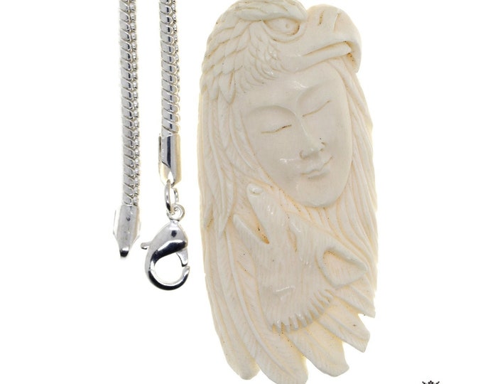 Woman Wolf Eagle Carving Pendant & FREE 3MM Italian 925 Sterling Silver Chain C152