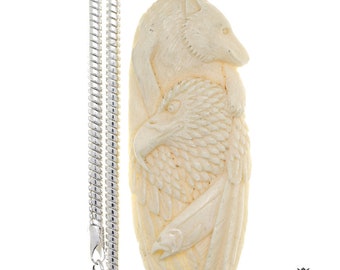 Salmon Eagle Bear Carving Pendant & FREE 3MM Italian 925 Sterling Silver Chain C251