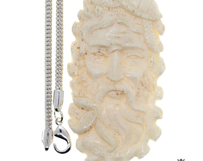 Poseidon with a Sea Turtle Carving Pendant & FREE 3MM Italian 925 Sterling Silver Chain C178