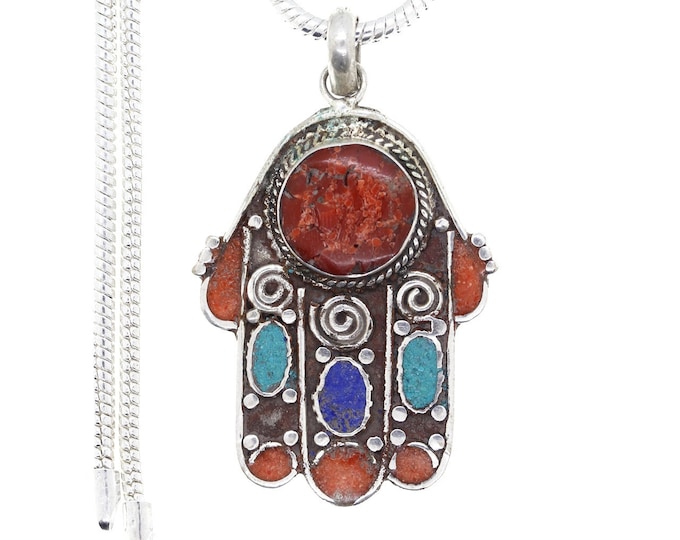 Turquoise Coral Hamsa Tibetan Silver Pendant & FREE 3MM Italian 925 Sterling Silver Chain N1