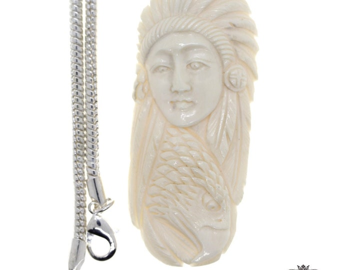 Feathered Lady with an Eagle Carving Pendant & FREE 3MM Italian 925 Sterling Silver Chain C167