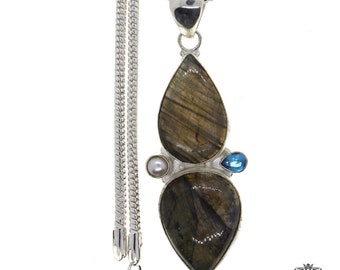 Labradorite Blue Topaz Pearl 925 Sterling Silver Pendant & 3MM Italian 925 Sterling Silver Chain  p4553