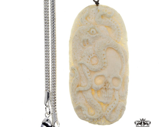 Skull engulfed by Octopus Carving Pendant & FREE 3MM Italian 925 Sterling Silver Chain C145