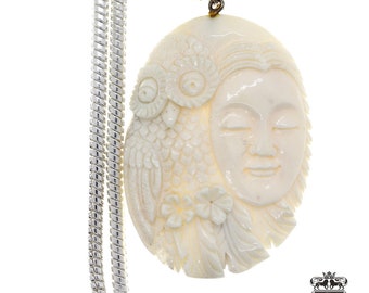 Lady Owl Carving Pendant & FREE 3MM Italian 925 Sterling Silver Chain C267