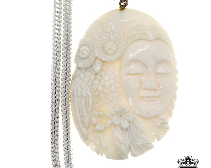 Lady Owl Carving Pendant & FREE 3MM Italian 925 Sterling Silver Chain C267