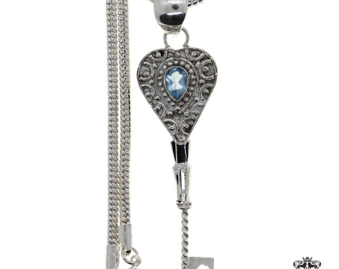 Heart Shape Filigree Blue Topaz 925 Sterling Silver Pendant & 3MM Italian 925 Sterling Silver Chain P4552