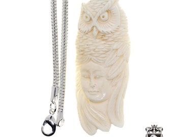 Lady Owl Carving Pendant & FREE 3MM Italian 925 Sterling Silver Chain C293