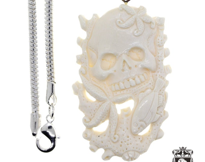 Skull Intertwined with Starfish Bone Carving Pendant & FREE 3MM Italian 925 Sterling Silver Chain C142