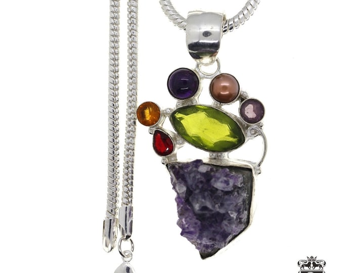 Amethyst Cluster 925 Sterling Silver Pendant & 3MM Italian 925 Sterling Silver Chain P4548