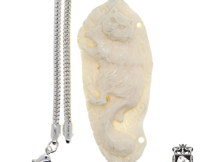 Crouching Persian Cat Carving Pendant & FREE 3MM Italian 925 Sterling Silver Chain C274