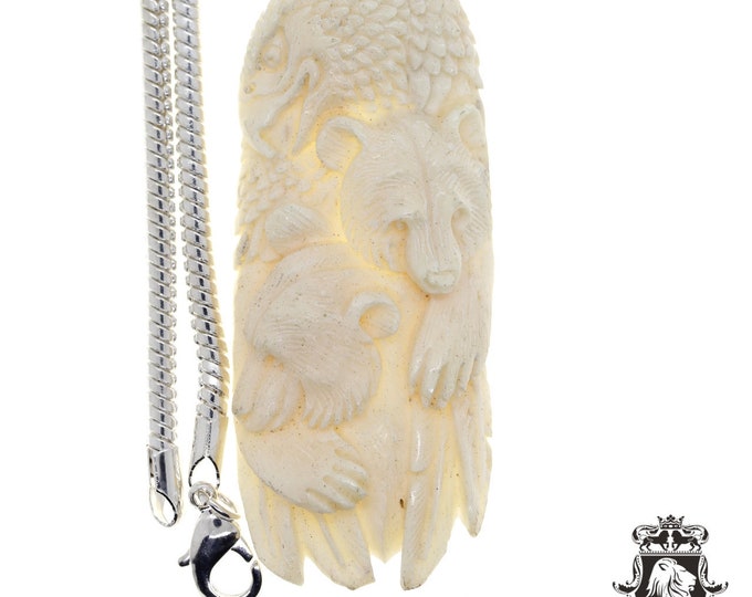 EAGLE feathered Bear Carving Necklace • FREE 3MM Italian Chain C297