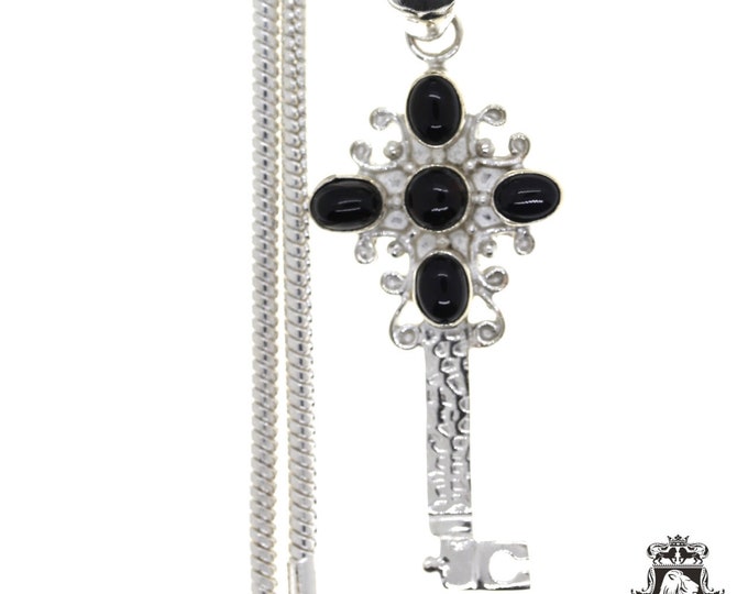 Black Onyx Key 925 Sterling Silver Pendant & 3MM Italian 925 Sterling Silver Chain P4673
