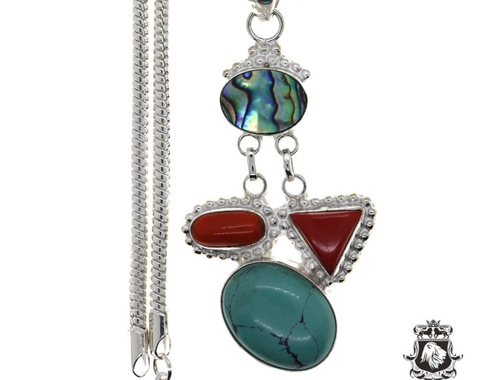 Tibetan Turquoise Coral Sterling Silver Pendant & FREE 3MM Italian 925 Sterling Silver Chain P4498