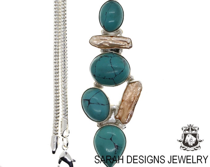 Tibetan Turquoise Pearl 925 Sterling Silver Pendant & 3MM Italian 925 Sterling Silver Chain P4496