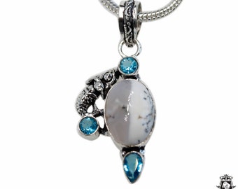 Crafted Mermaid Filigree Dendritic Agate and Blue Topaz Pendant & 3MM Italian 925 Sterling Sterling Silver Chainp4758