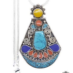 3 Inch Coral Turquoise Tibetan Silver Pendant & FREE 3MM Italian 925 Sterling Silver Chain N38