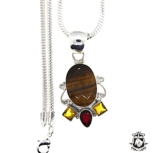 Tiger Eye Citrine Garnet Vintage Filigree Antique 925 Sterling Silver Pendant & 3MM Italian 925 Sterling Silver  Chain P4857