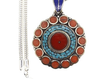 Turquoise Coral Lapis Tibetan Silver Pendant & FREE 3MM Italian 925 Sterling Silver Chain N30