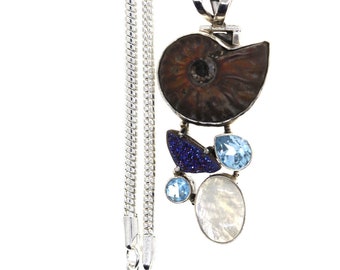 Ammonite Moonstone Titanium Drusy Gemstone Necklace • Healing Crystal Necklace • Birthstone Necklace P973