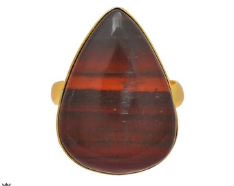Size 9.5 - Size 11 Adjustable Red Tiger's Eye 24K Gold Plated Ring GPR224