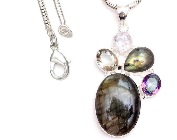 Edwardian style! Labradorite Mystic Topaz Clear Topaz 925 Sterling Silver Pendant & 3MM Italian 925 Sterling Silver Chain P9445