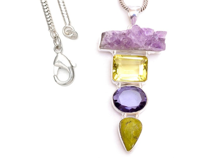 Collection Piece! Rough Amethyst Atlantisite Lemon Topaz  925 Sterling Silver Pendant & 3MM Italian 925 Sterling Silver Chain P9427