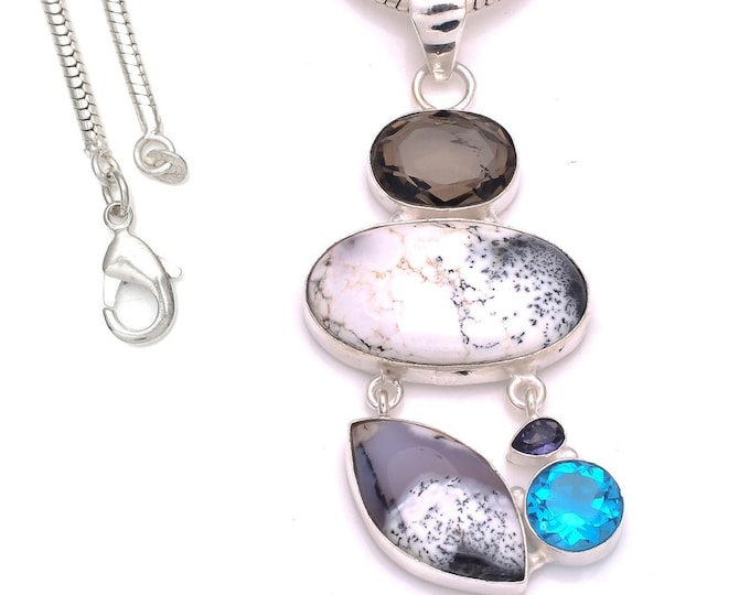 3.2 Inch Merlinite Dendritic Opal  925 Sterling Silver Pendant & 3MM Italian 925 Sterling Silver Chain P8236