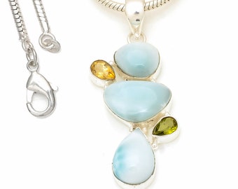 Larimar 925 Sterling Silver Pendant & 2MM Italian 925 Sterling Silver Chain P7688