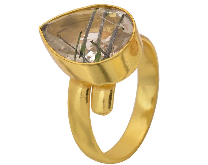 Size 9.5 - Size 11 Tourmalated Quartz Ring Meditation Ring 24K Gold Ring GPR1555